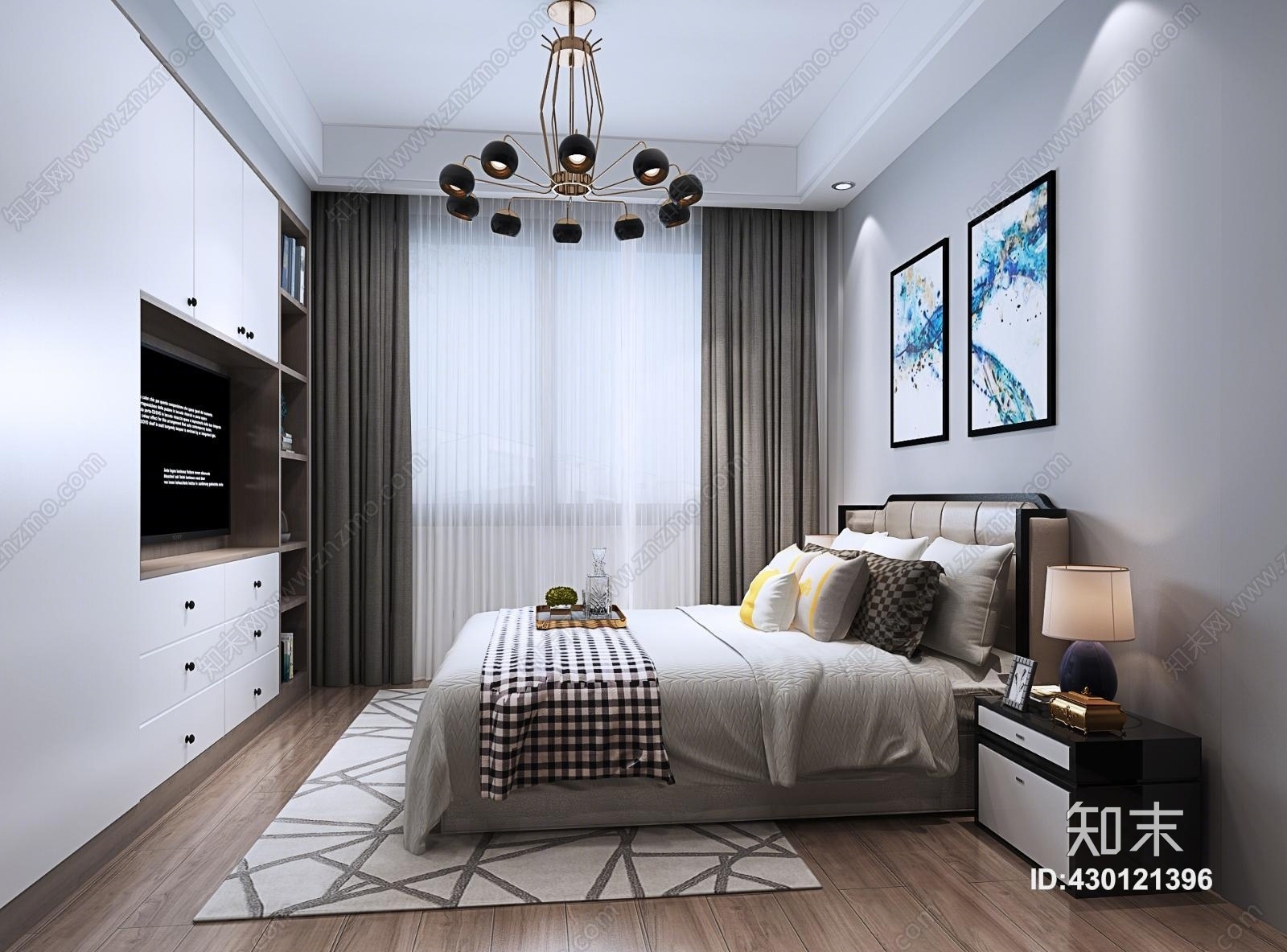 现代卧室床灯具电视柜3D模型下载【ID:430121396】