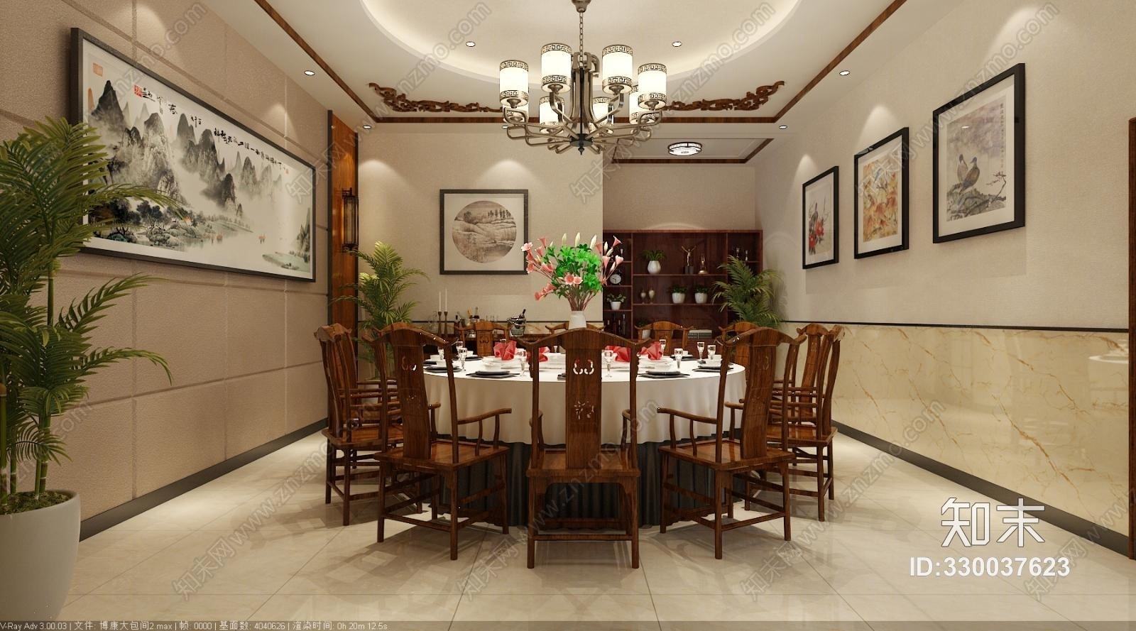 中式包间中式圆形餐桌背景墙3D模型下载【ID:330037623】