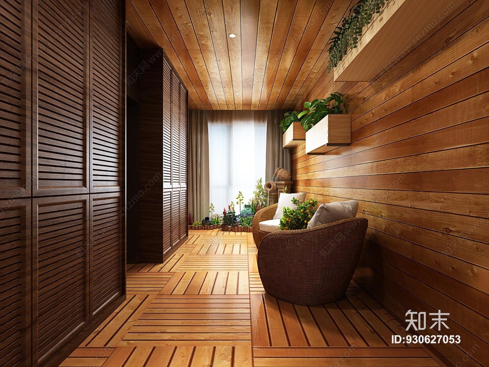 现代阳台入户花园百叶门鞋柜水景假山假休闲椅绿植防腐桑拿板电梯口3D模型下载【ID:930627053】