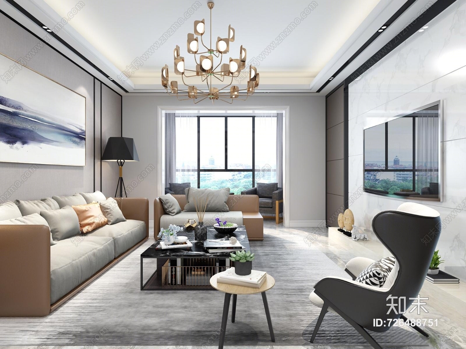 后现代客厅沙发装饰画吊灯挂画地毯茶几装饰品隐形门3D模型下载【ID:726488751】