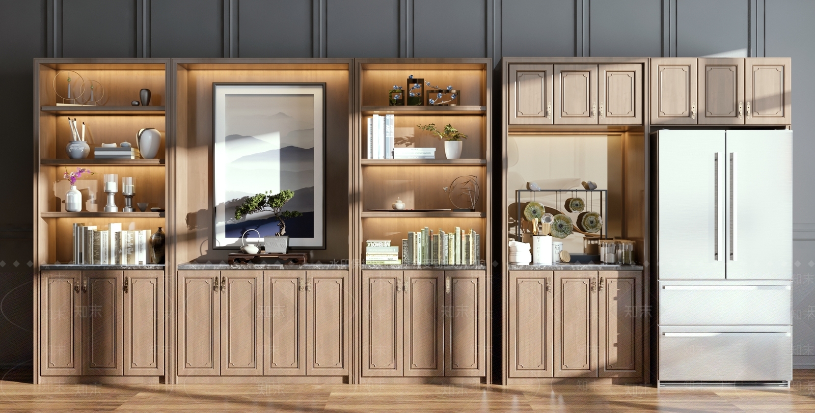 新中式装饰柜边柜冰箱组合3D模型下载【ID:932936241】