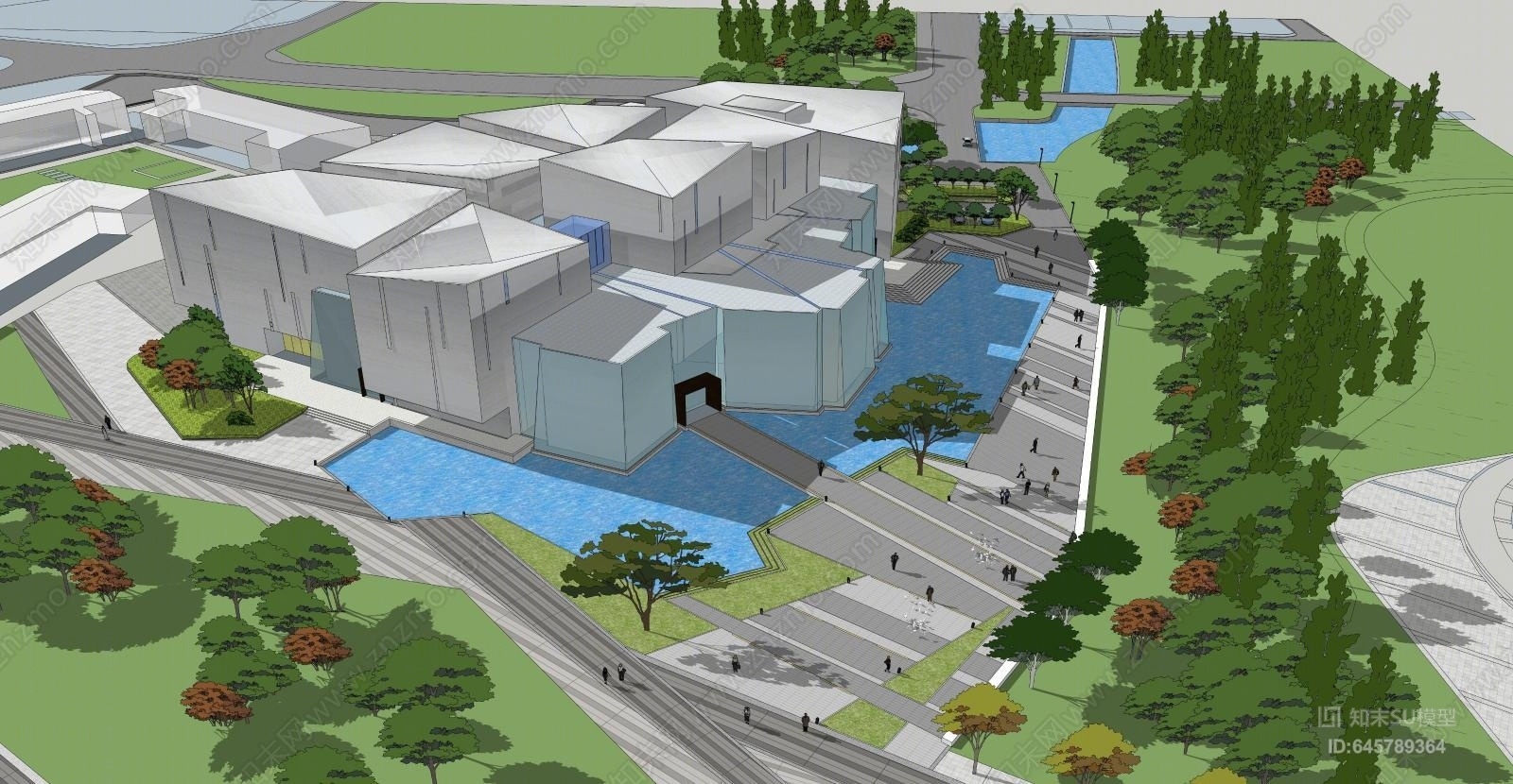 现代博物馆周边景观设计SU模型下载【ID:645789364】