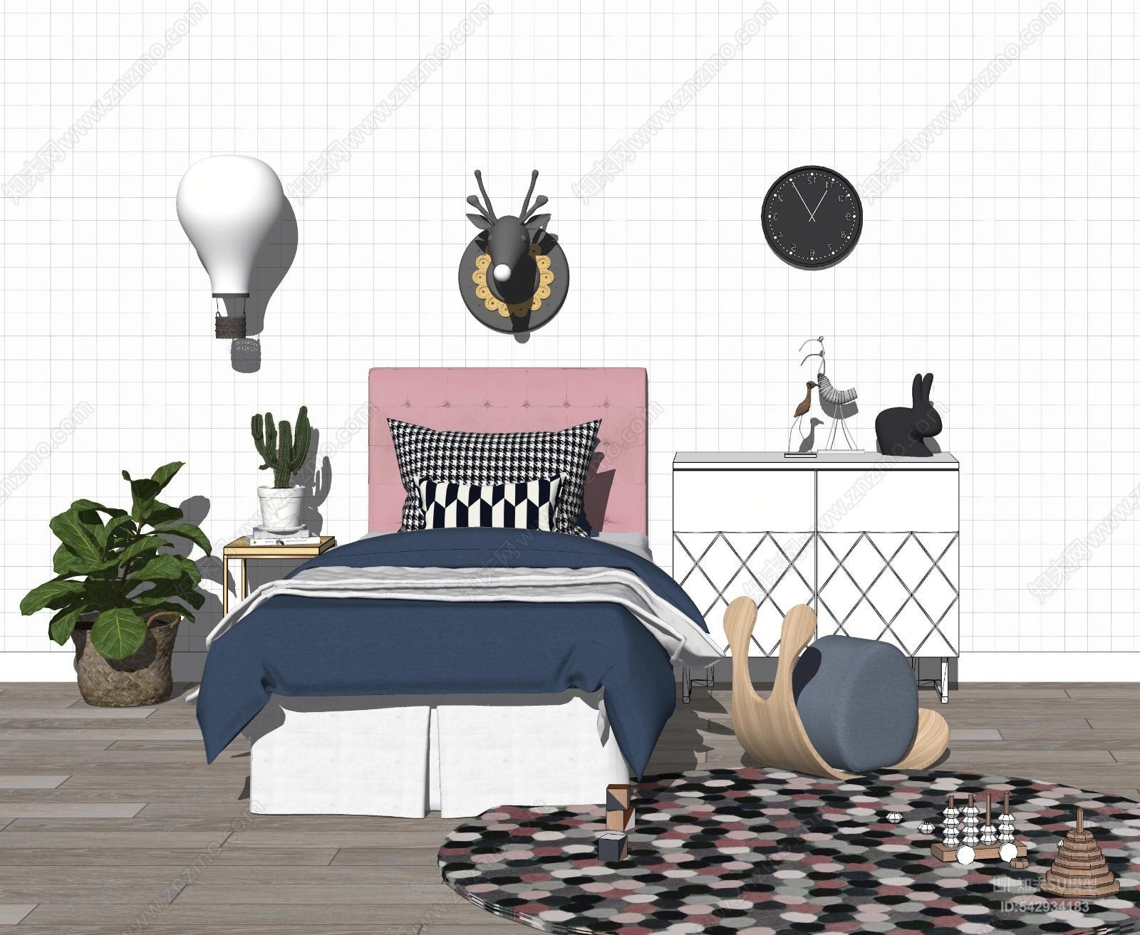 现代儿童单人床SU模型下载【ID:542934183】