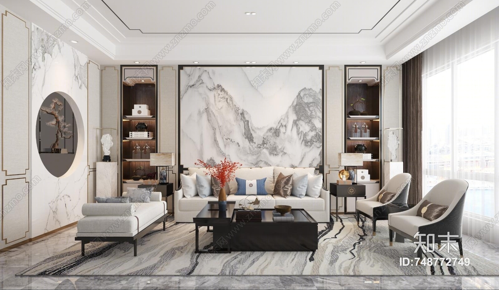 新中式客厅空间3D模型下载【ID:748772749】