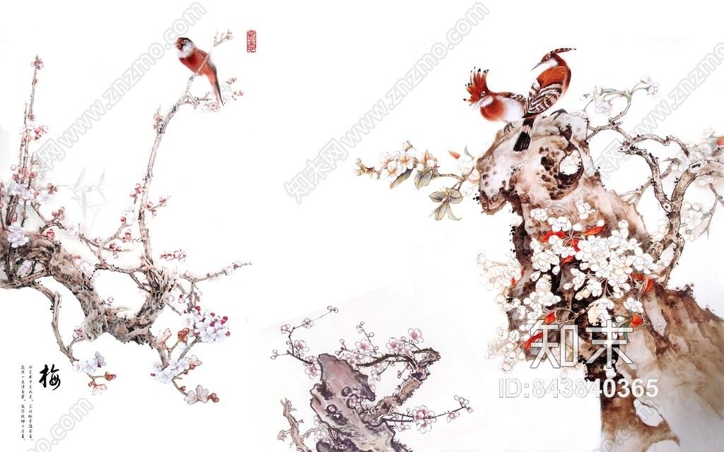 新中式花鸟梅花壁画壁纸墙布贴图下载【ID:843840365】