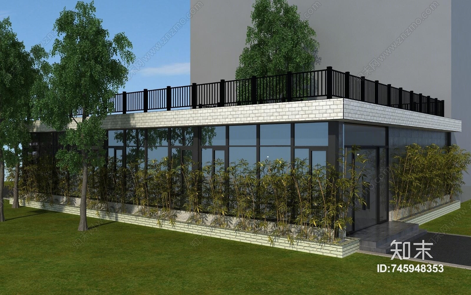 现代办公室门面门头护栏玻璃窗3D模型下载【ID:745948353】