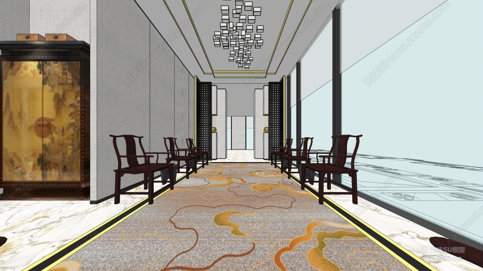 新中式公共空间接待厅SU模型下载【ID:943463422】