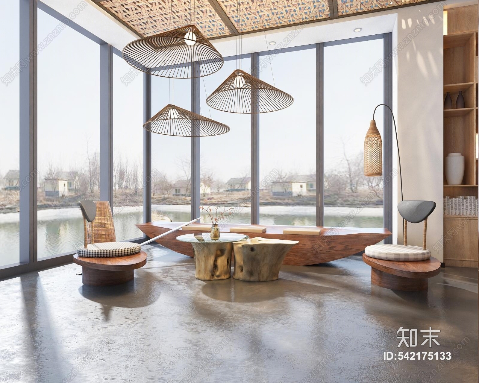 新中式宾馆大厅3D模型下载【ID:542175133】