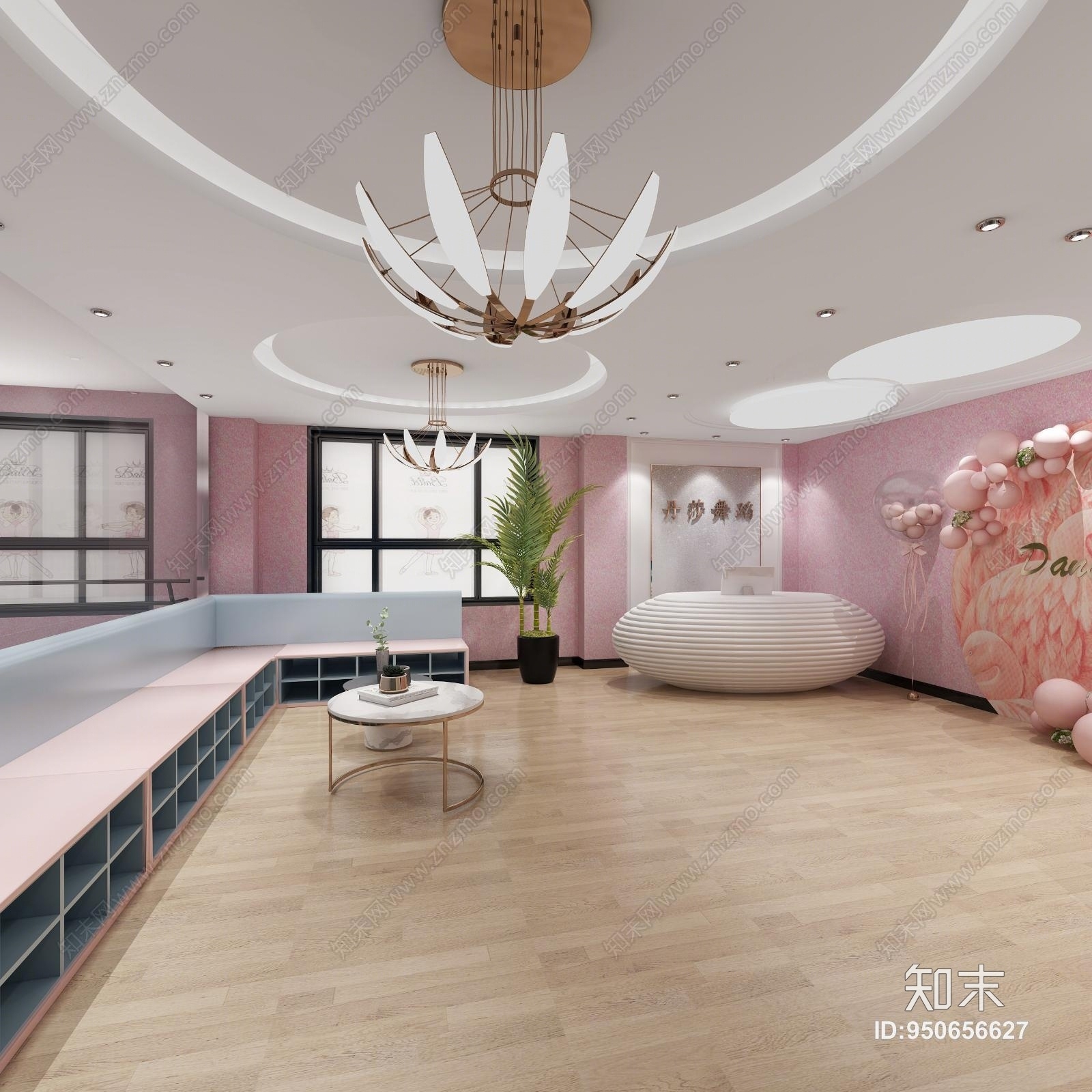 现代轻奢北欧网红拍照舞蹈教室前台过道吊灯绿植3D模型下载【ID:950656627】