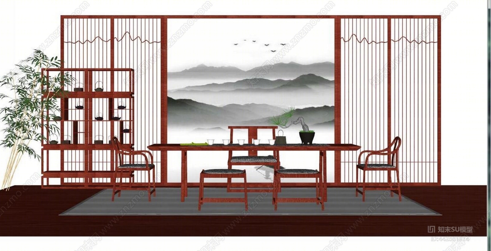 新中式禅意家具SU模型下载【ID:442561974】