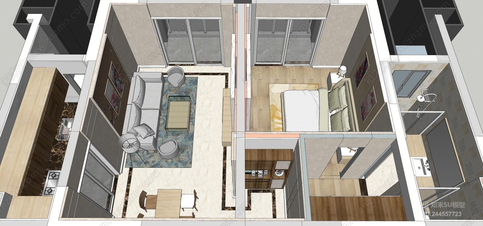 现代单身套房SU模型下载【ID:244557723】