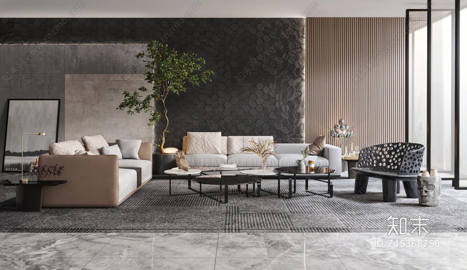 现代简约奢华客厅3D模型下载【ID:745368750】