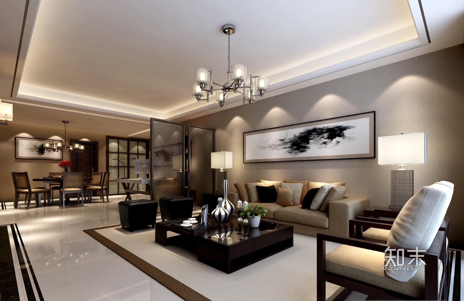 现代.中式公馆-三室两厅施工图下载【ID:532022538】