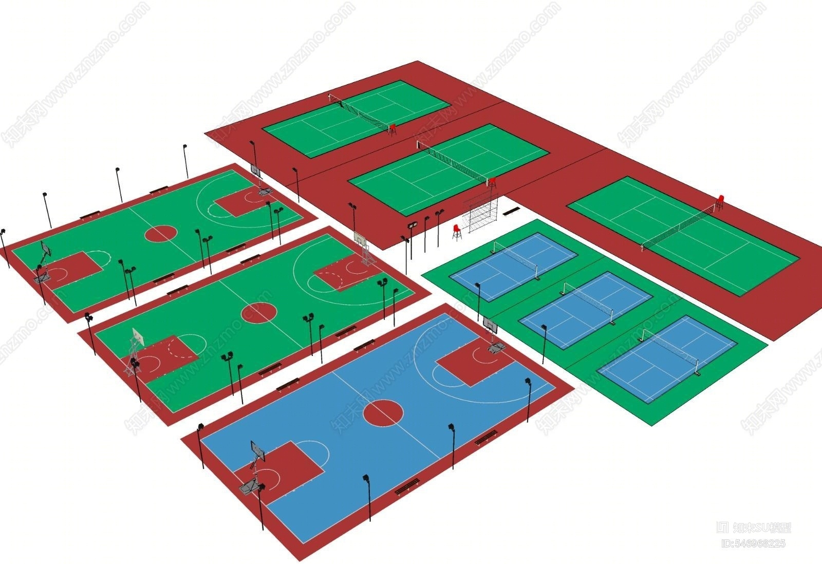 现代篮球场羽毛球场网球场SU模型下载【ID:546968225】