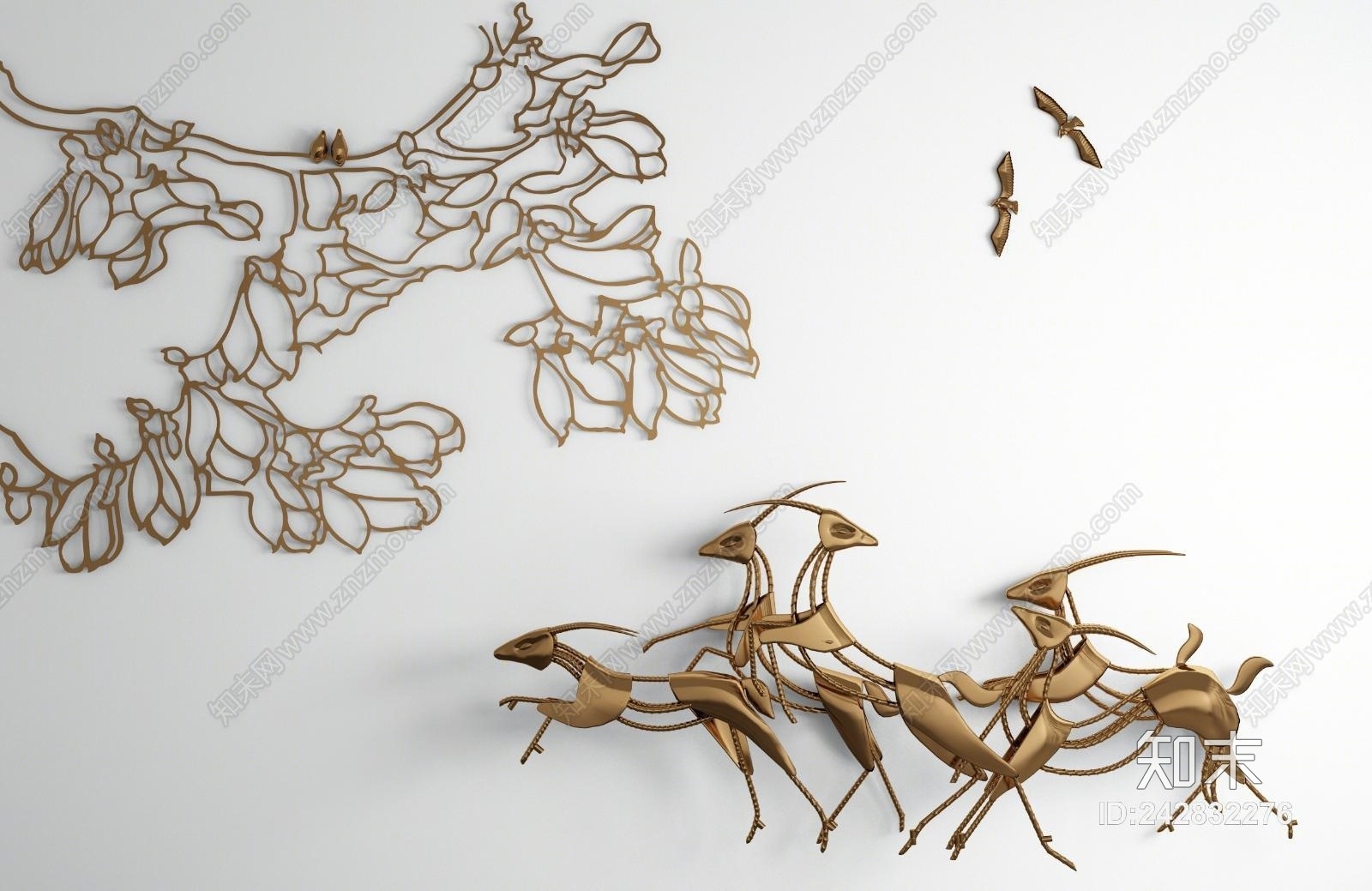 现代金属树枝鹿墙饰挂件组合3D模型下载【ID:242832276】