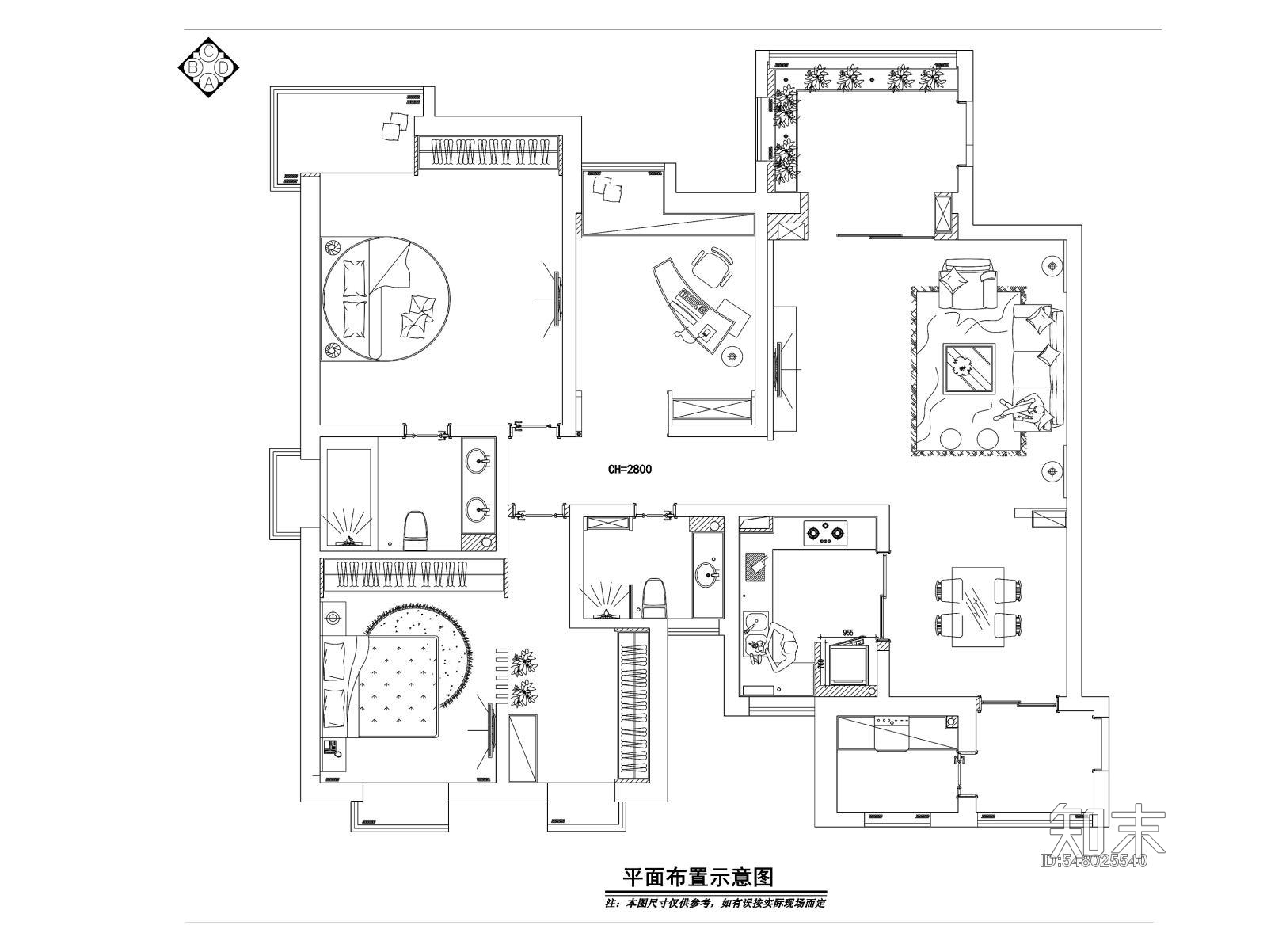 两居室东南亚风格住宅装修cad施工图下载【ID:548025540】