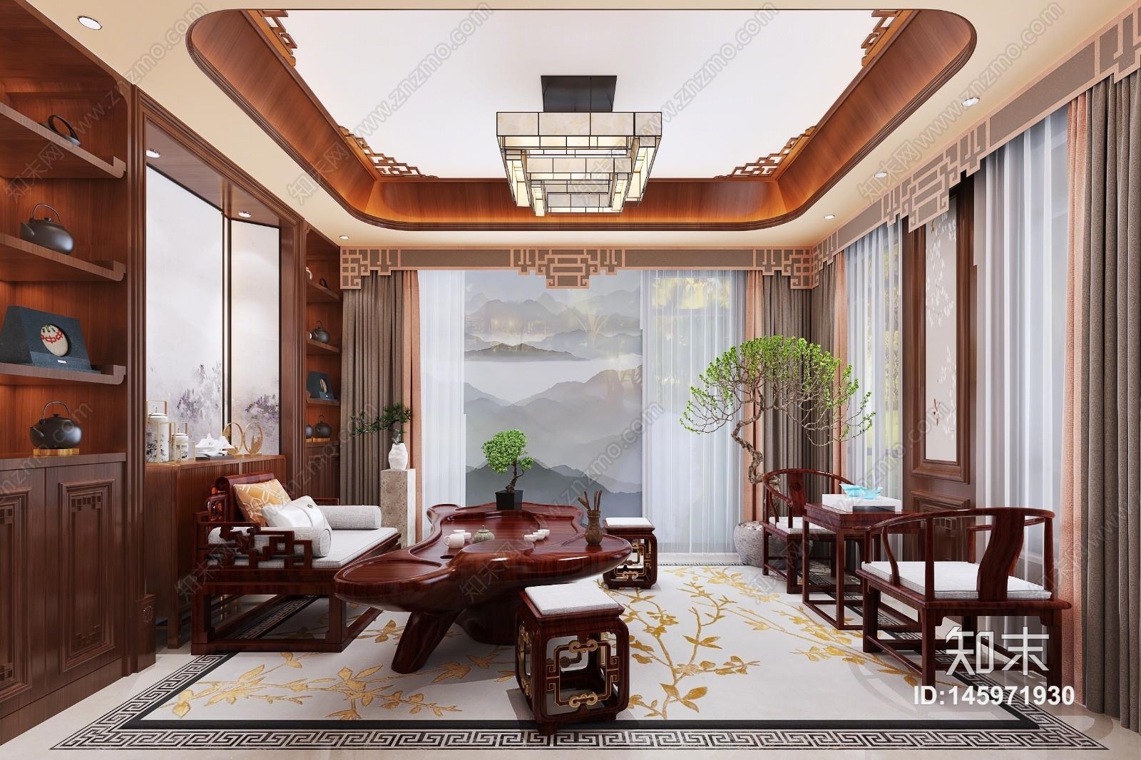 中式茶室吊灯手绘壁纸3D模型下载【ID:145971930】
