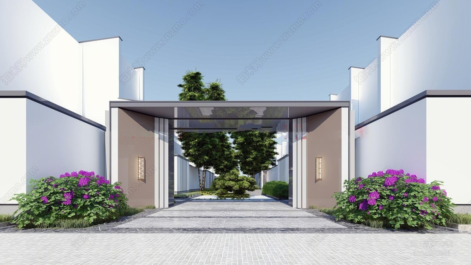 新中式别墅会所景观SU模型下载【ID:242557388】