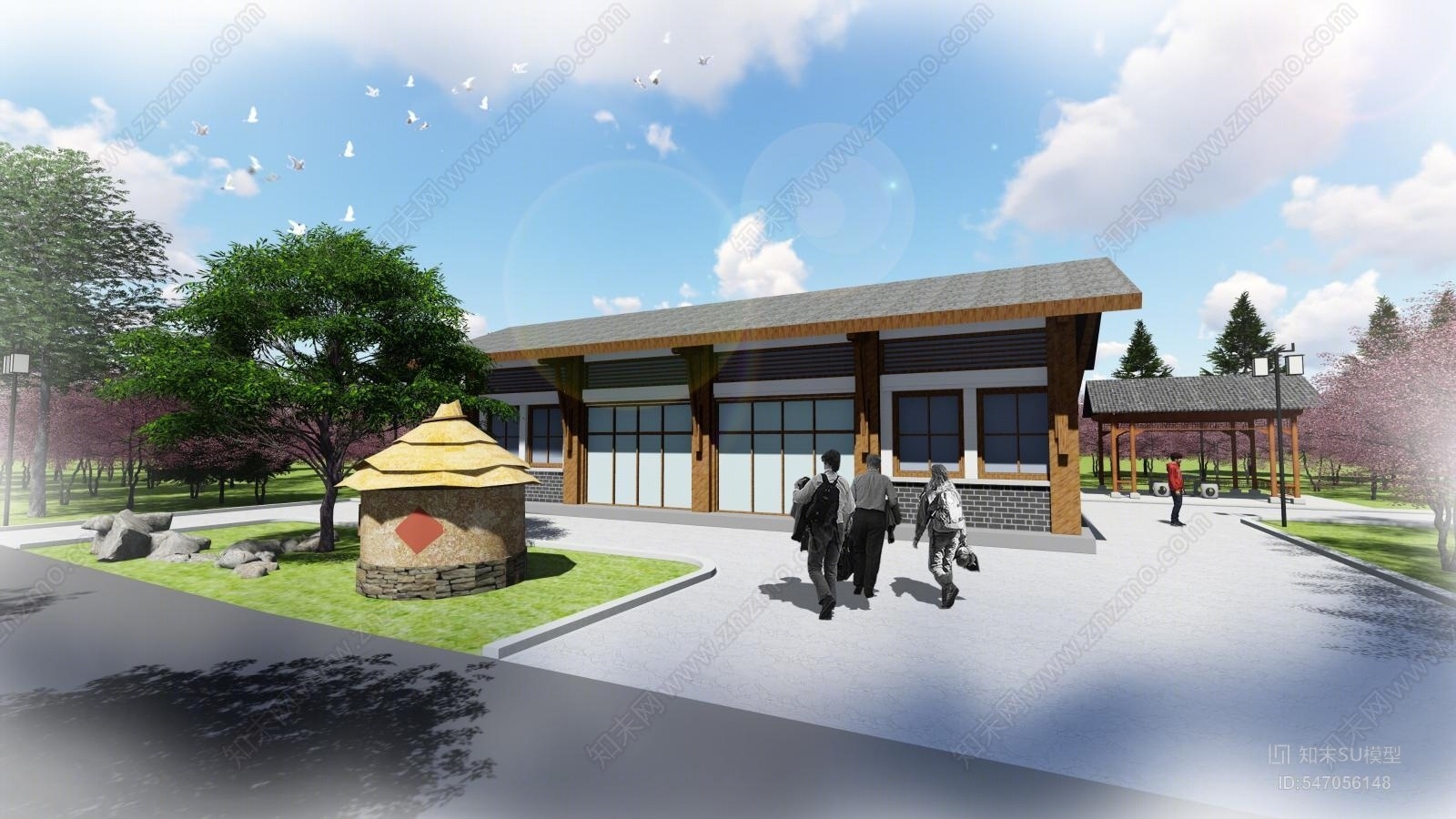 新中式驿站景区大门SU模型下载【ID:547056148】