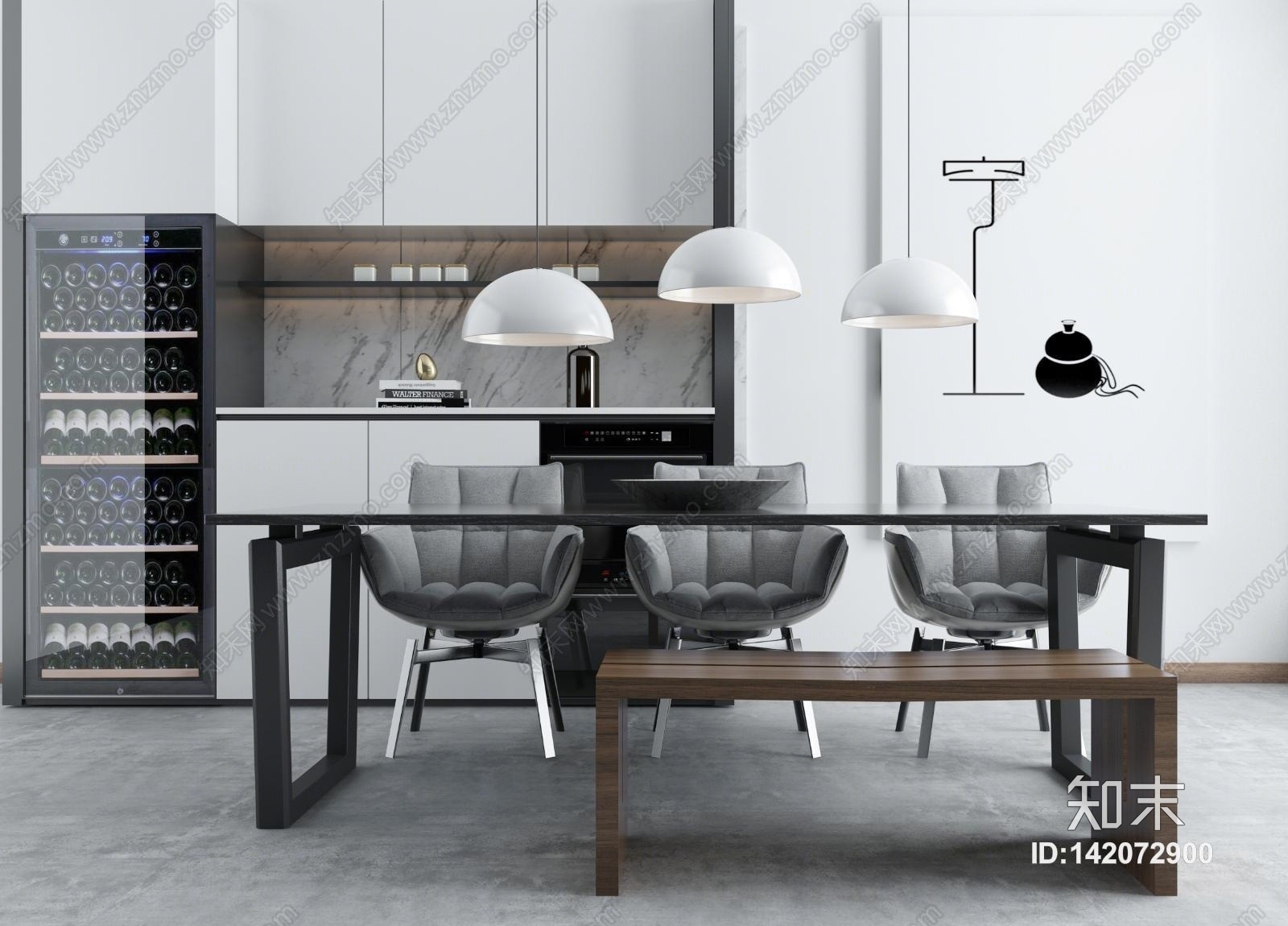 新中式茶室茶桌椅吊灯组合3D模型下载【ID:142072900】