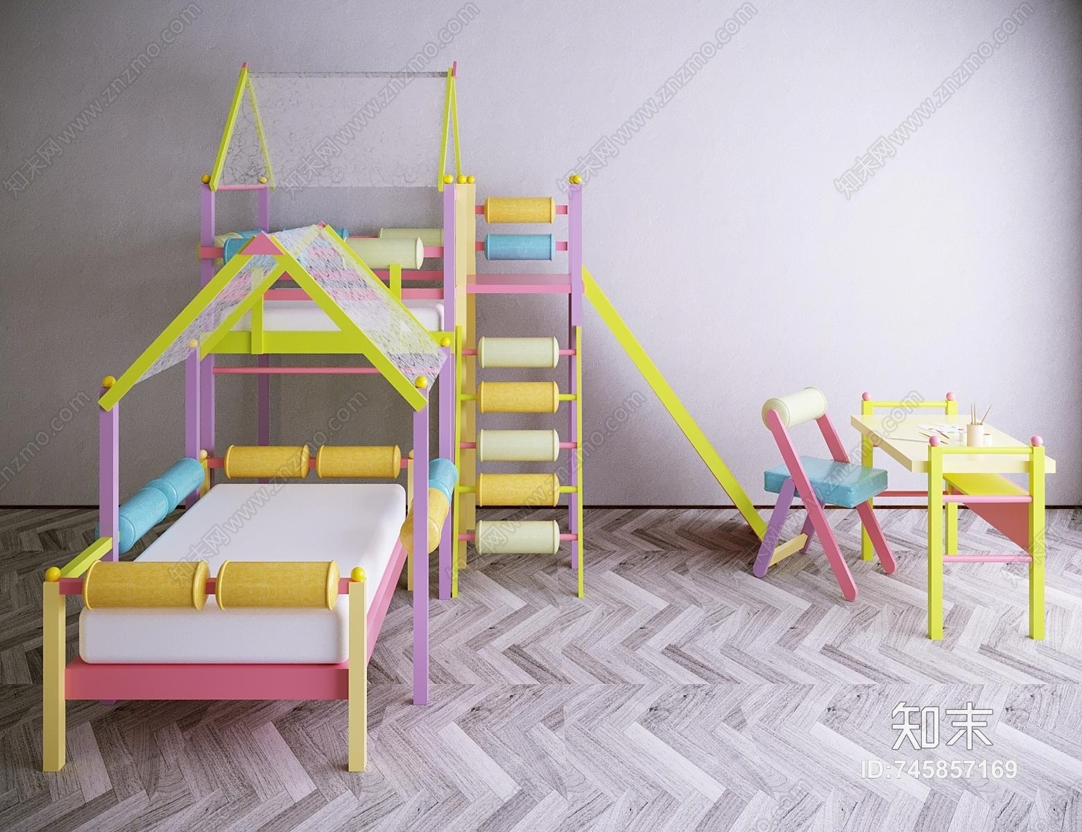 现代儿童床滑梯写字台组合3D模型下载【ID:745857169】