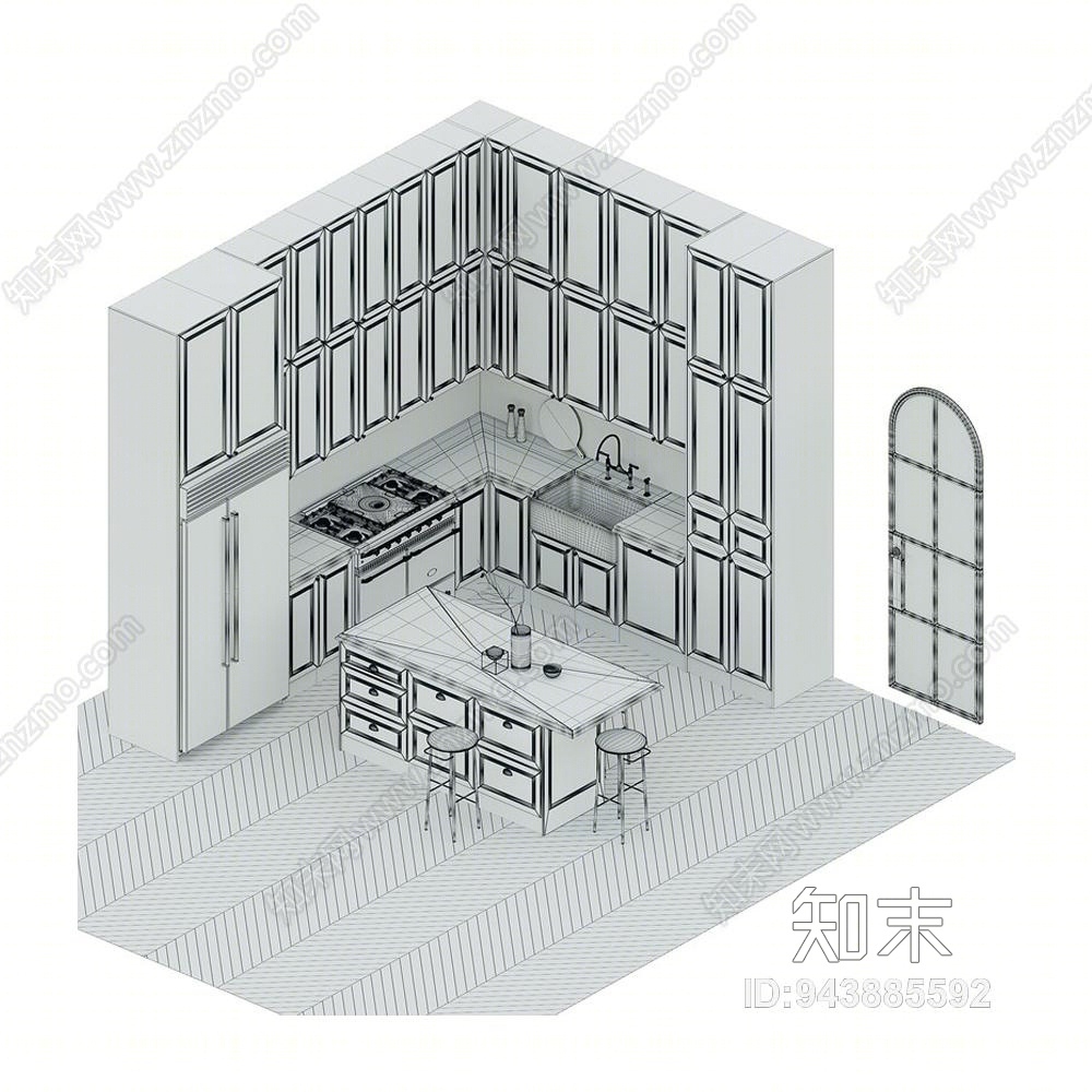 北欧厨房橱柜吧台冰箱烤箱组合3D模型下载【ID:943885592】