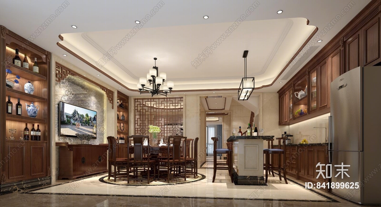 中式别墅餐厅兼吧区3D模型下载【ID:841899625】