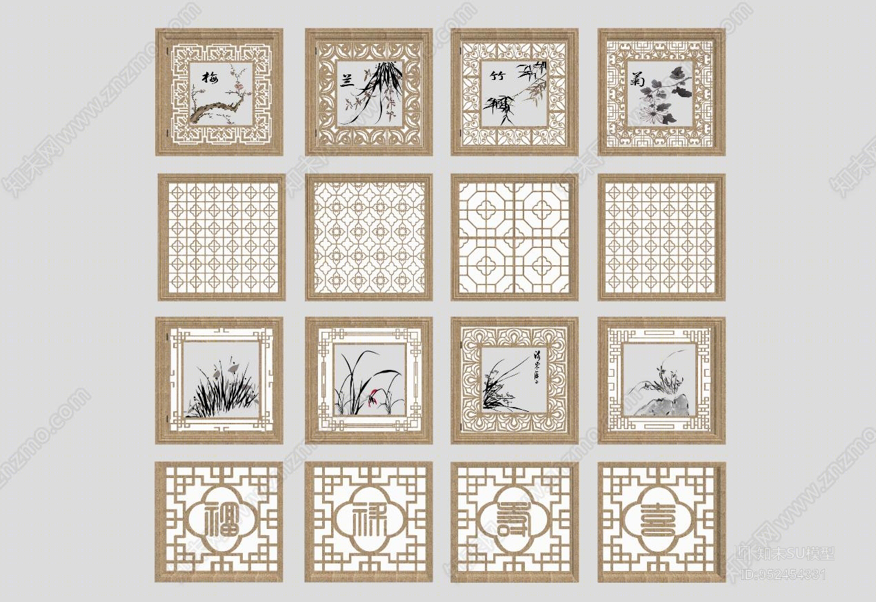 新中式风格雕花窗户SU模型下载【ID:952454331】