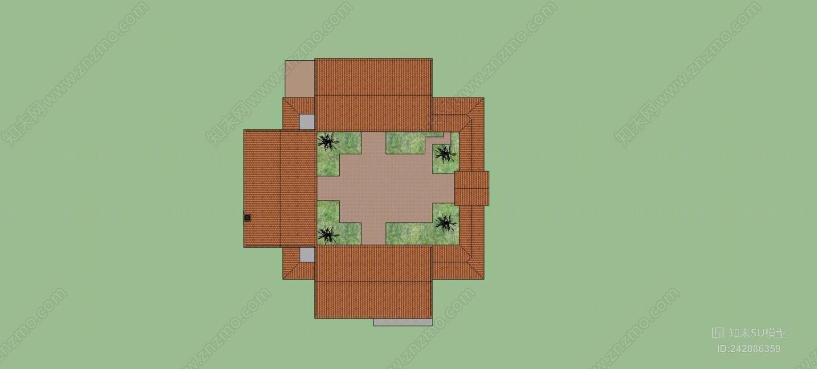 现代单层四合院住宅SU模型下载【ID:242886359】