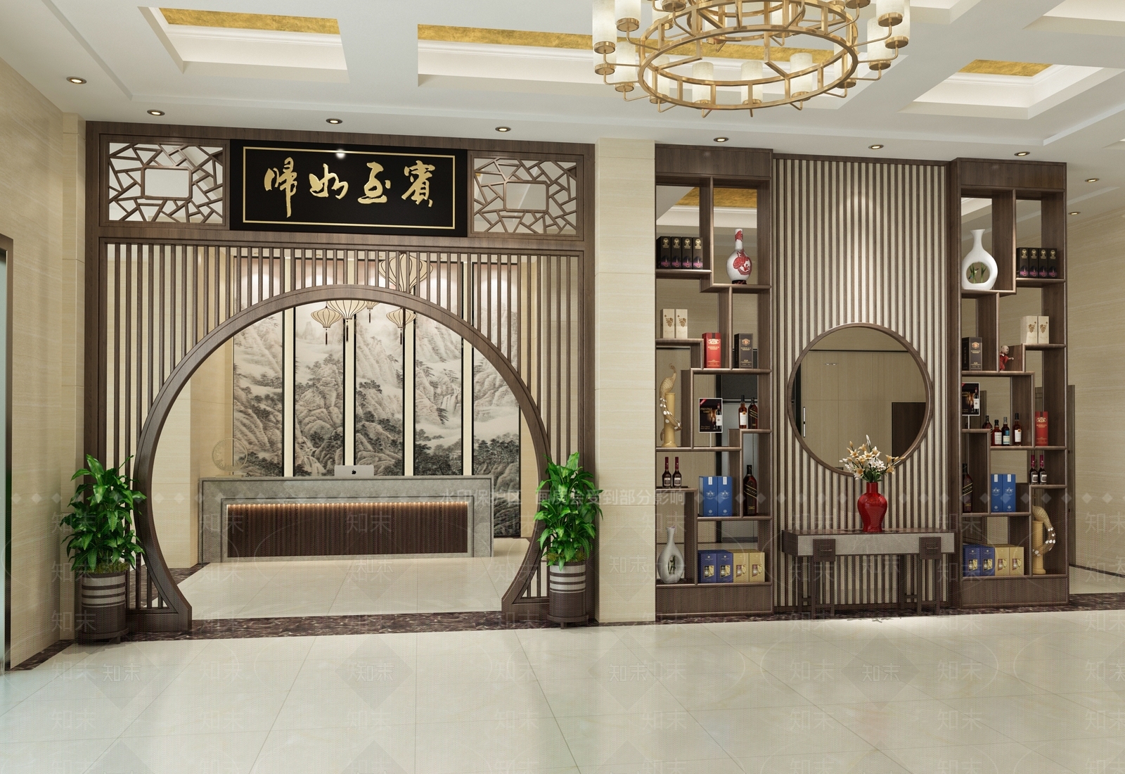 新中式酒店玄关大堂3D模型下载【ID:434170255】