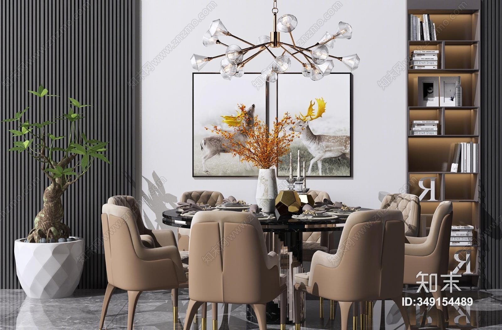 现代圆形餐桌椅花瓶组合3D模型下载【ID:349154489】