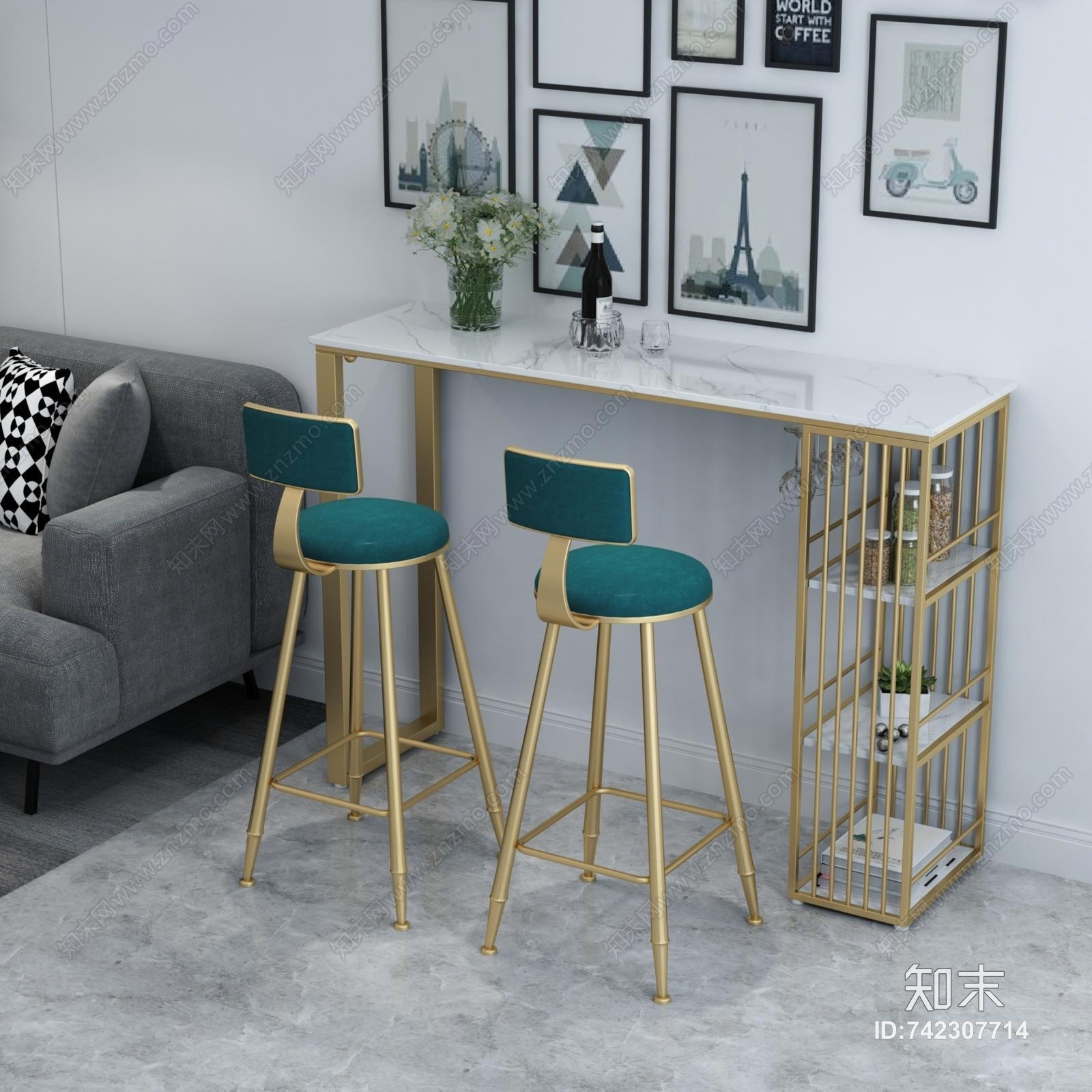 现代高脚吧台桌椅3D模型下载【ID:742307714】