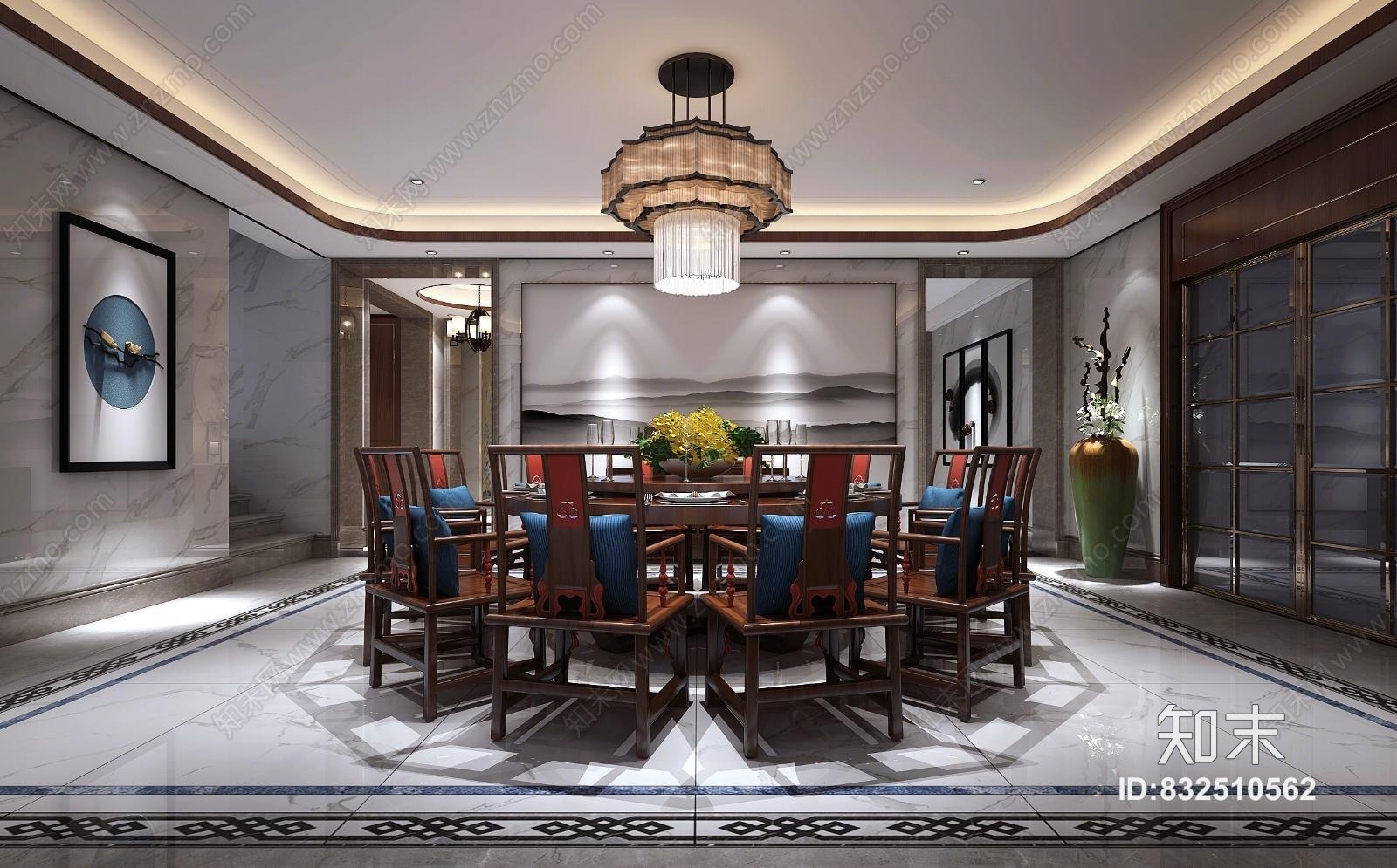 新中式餐厅餐桌餐椅装饰画吊灯移门装饰品3D模型下载【ID:832510562】