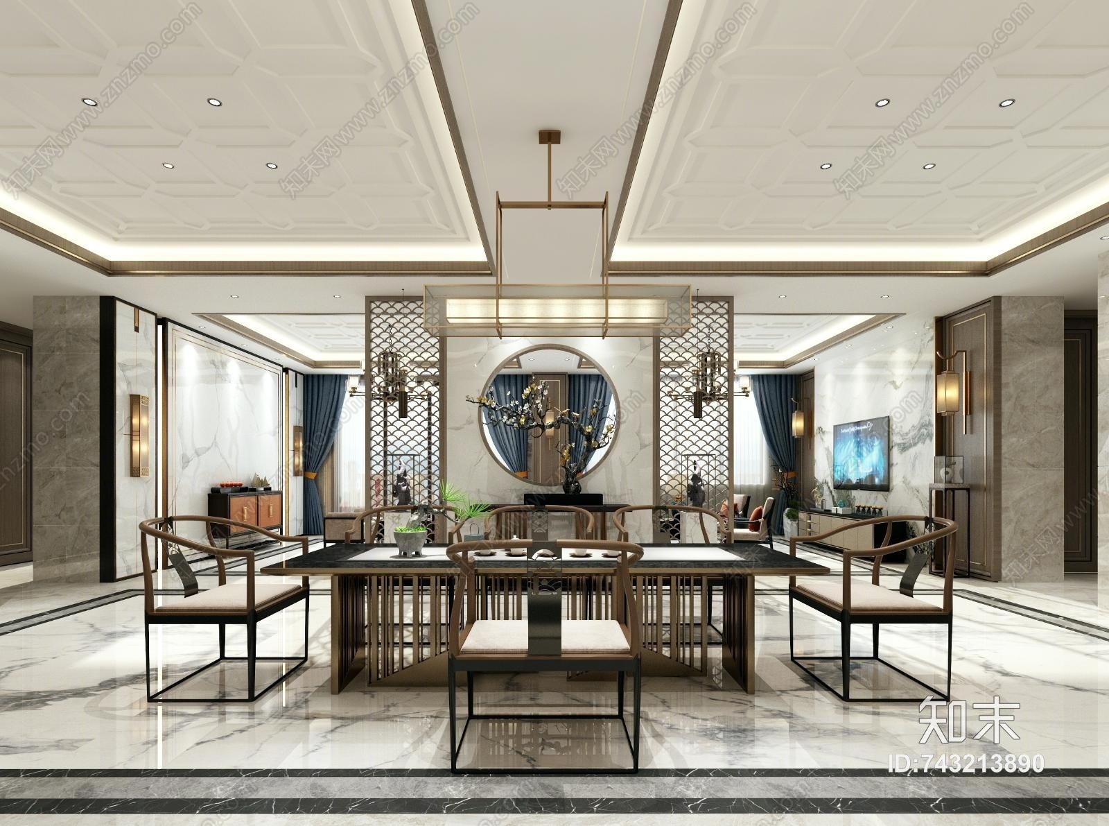 新中式大户型客餐厅茶室3D模型下载【ID:743213890】