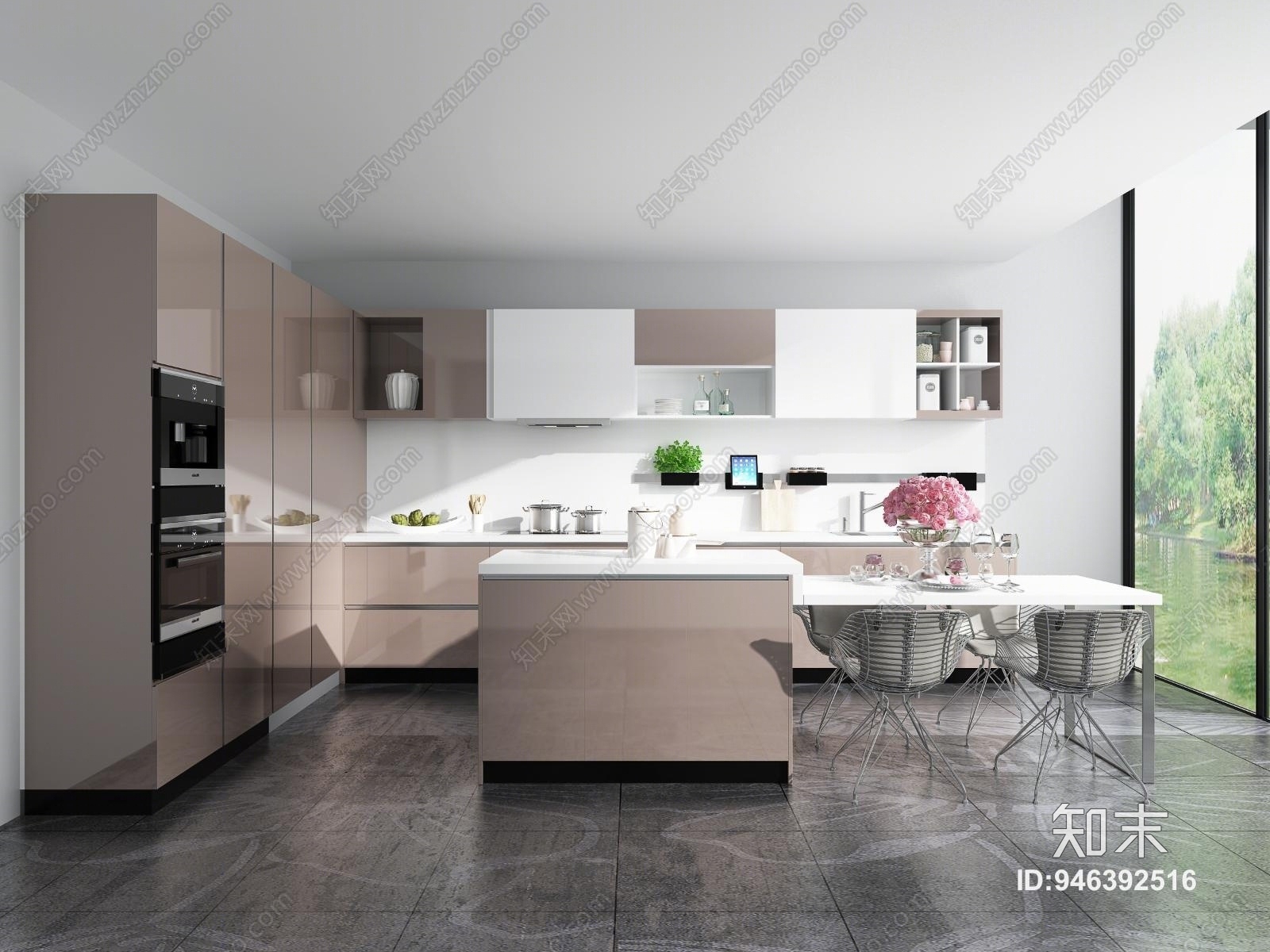 现代烤漆L型橱柜3D模型下载【ID:946392516】