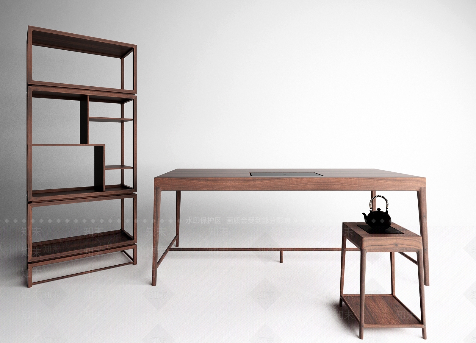 新中式书桌书架组合3D模型下载【ID:132938921】