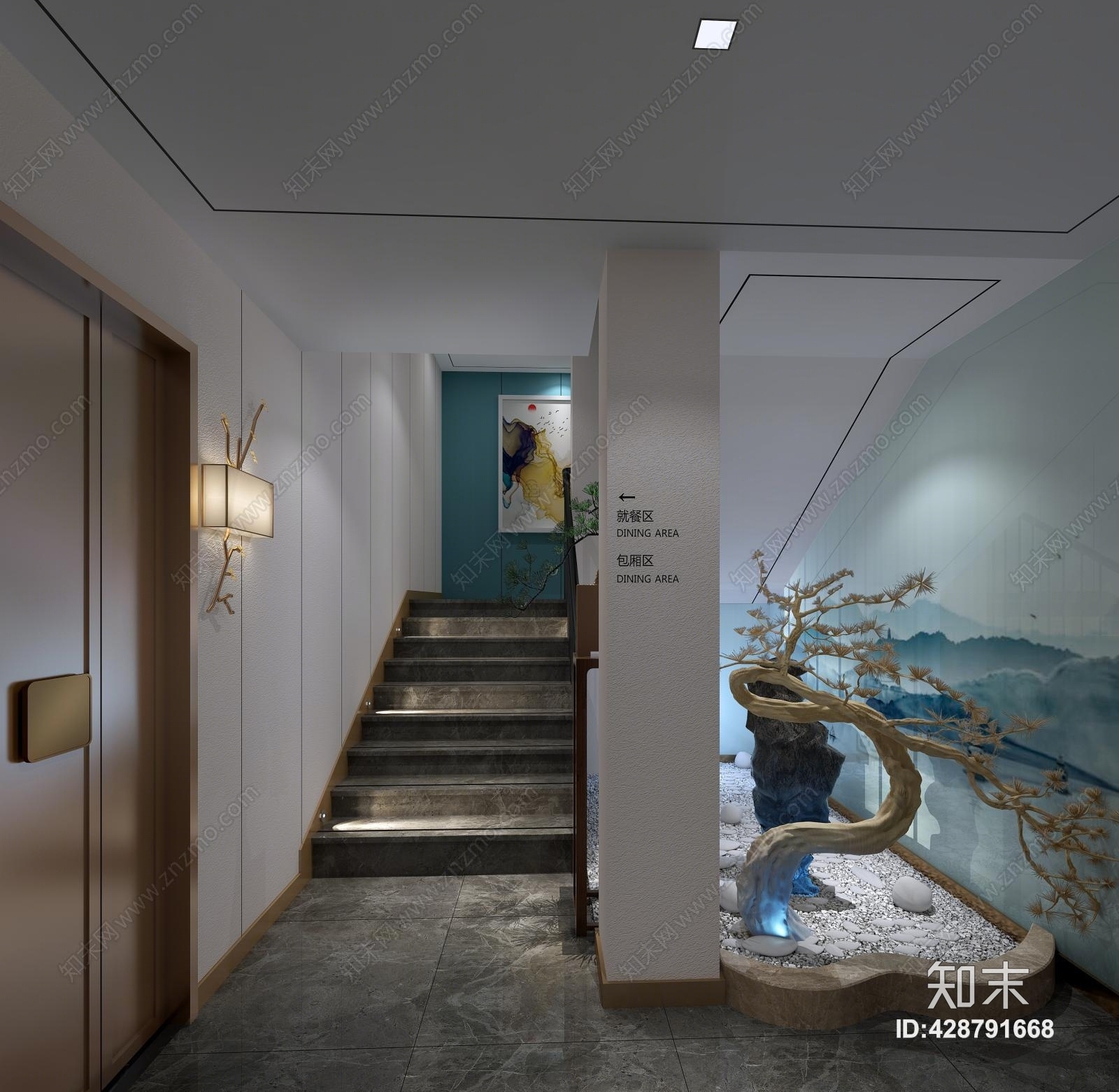 新中式酒店过道楼梯入口3D模型下载【ID:428791668】