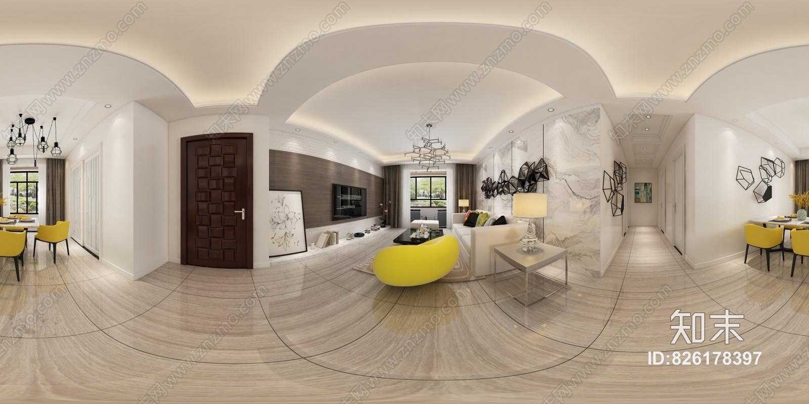 现代客餐厅沙发餐桌电视机背景墙过道吊顶沙发背景墙窗帘3D模型下载【ID:826178397】