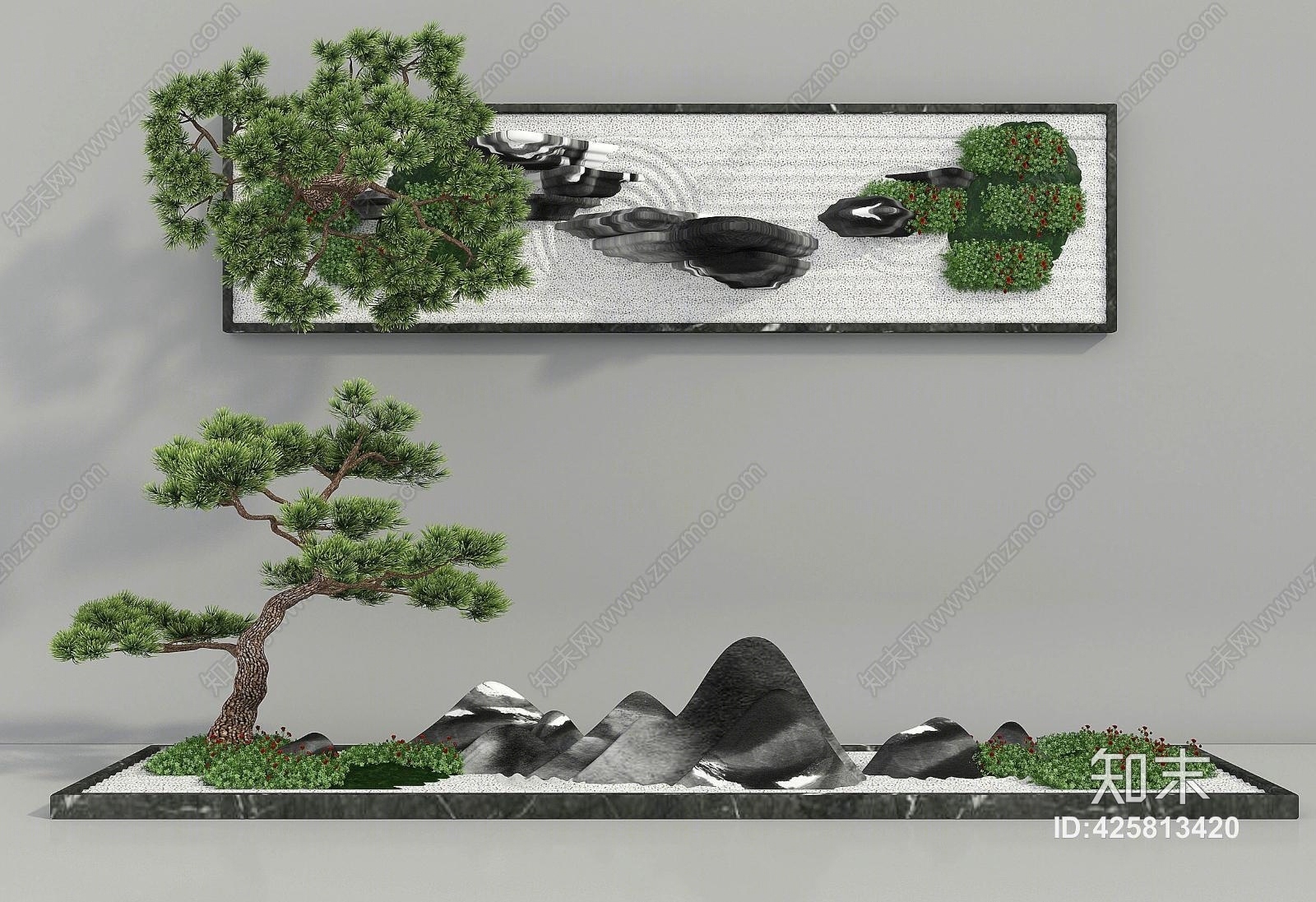 园艺小品松树假山旱景绿化3d模型下载【id:425813420】