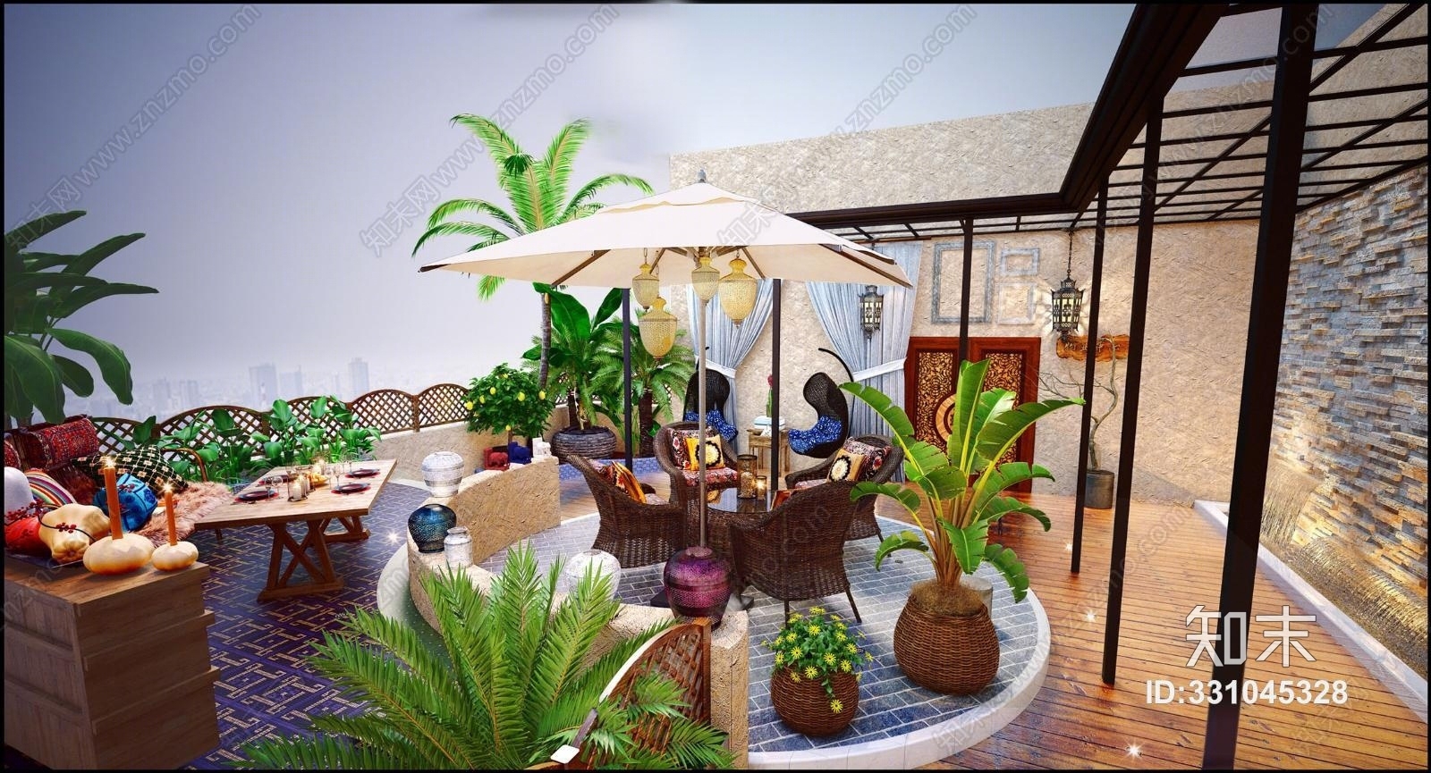 东南亚屋顶花园花草植物阳光房酒店花园花园餐厅3D模型下载【ID:331045328】