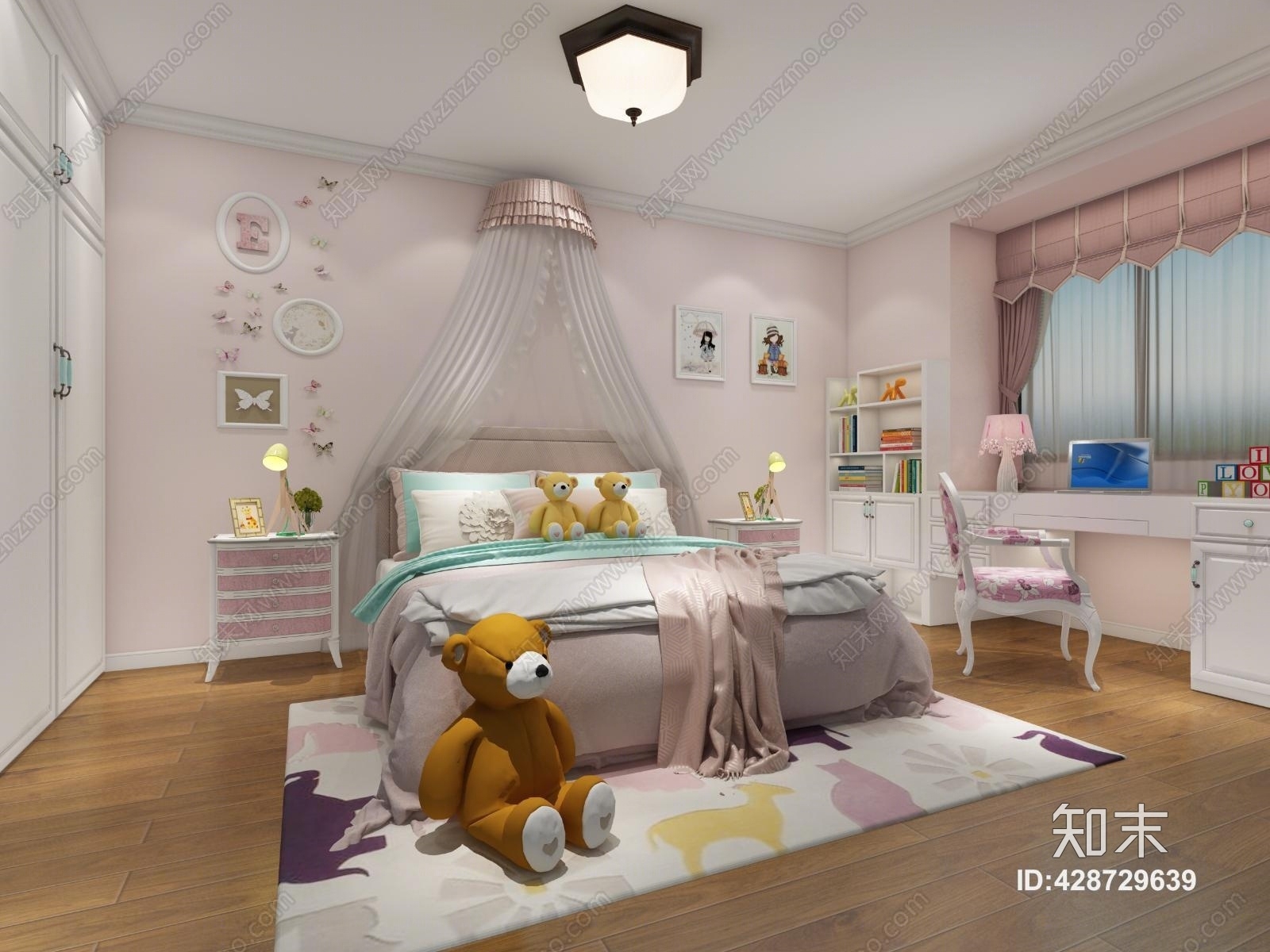 现代儿童房女儿房家具灯具组合3D模型下载【ID:428729639】