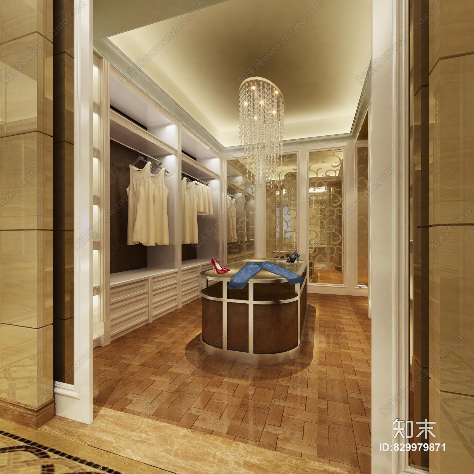 衣帽间吊灯衣服衣柜鞋子3D模型下载【ID:829979871】