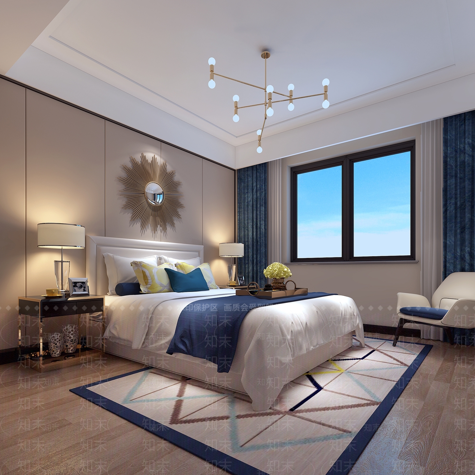 现代简约卧室床吊灯地毯3D模型下载【ID:432969393】