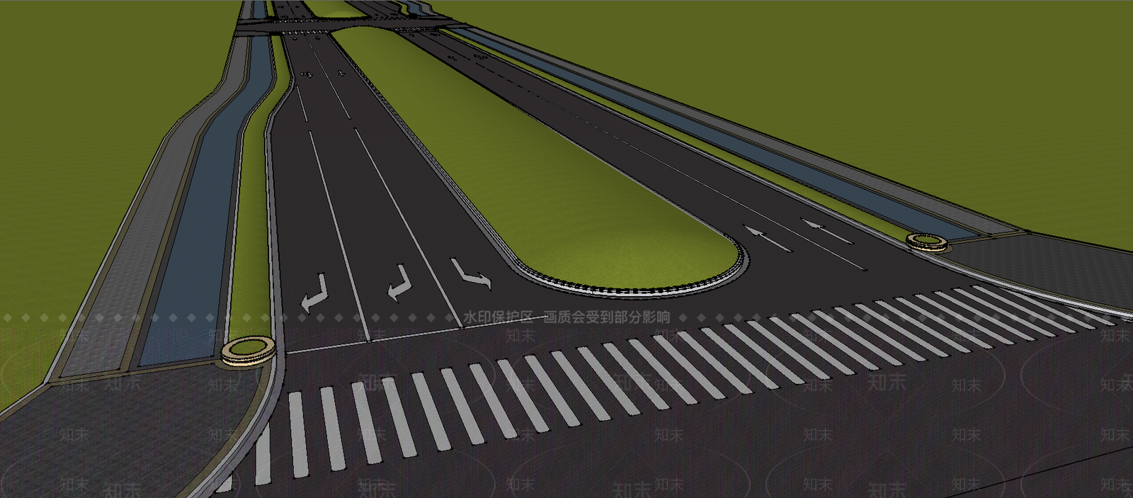道路斑马线道牙花池精细模型SU模型下载【ID:535284797】