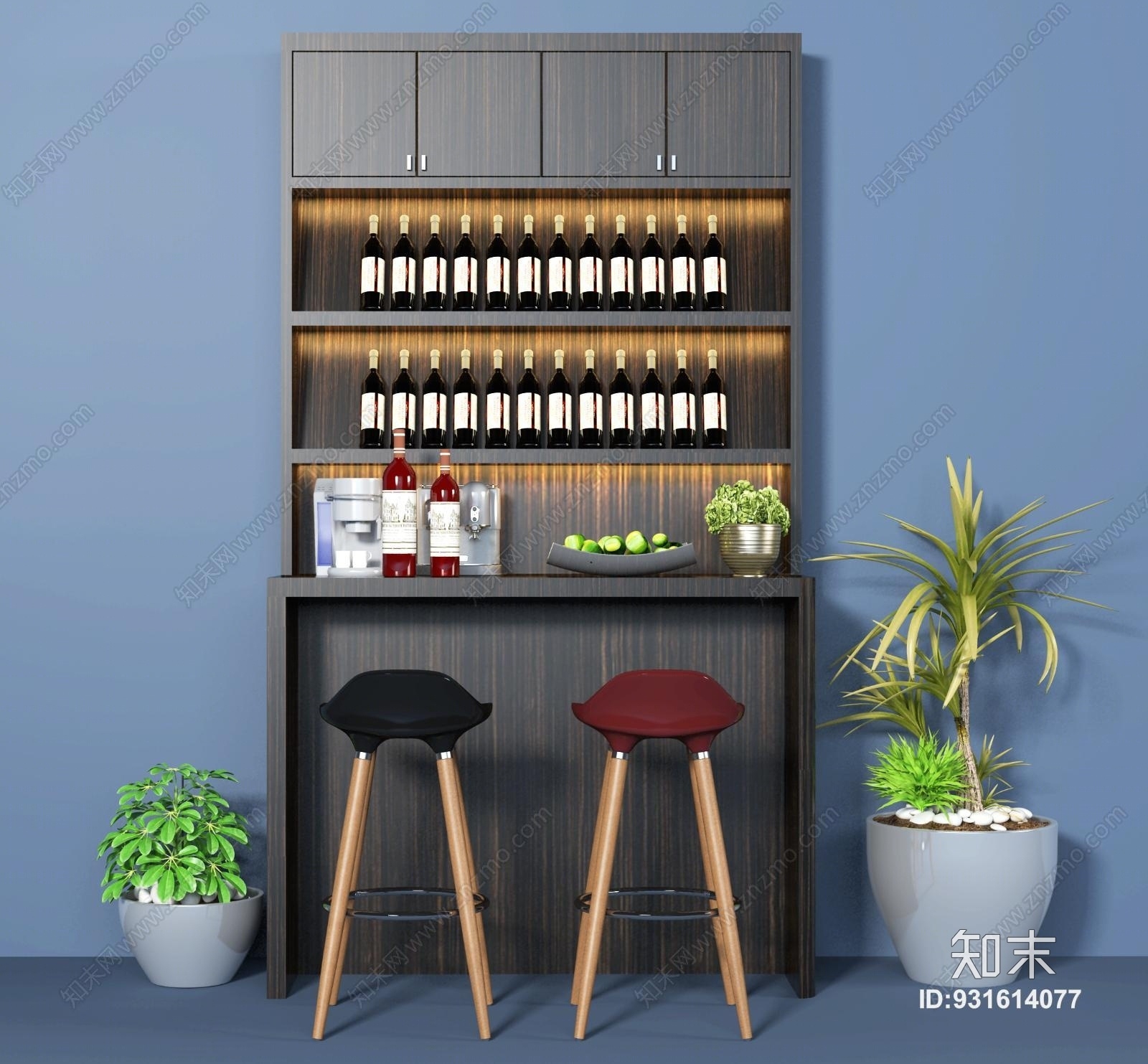 现代酒柜吧台绿植组合3D模型下载【ID:931614077】
