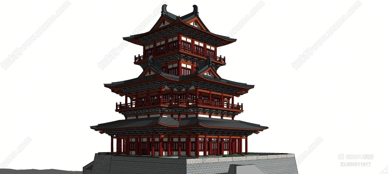 中式古建唐代风格阁楼钟楼SU模型下载【ID:330011617】