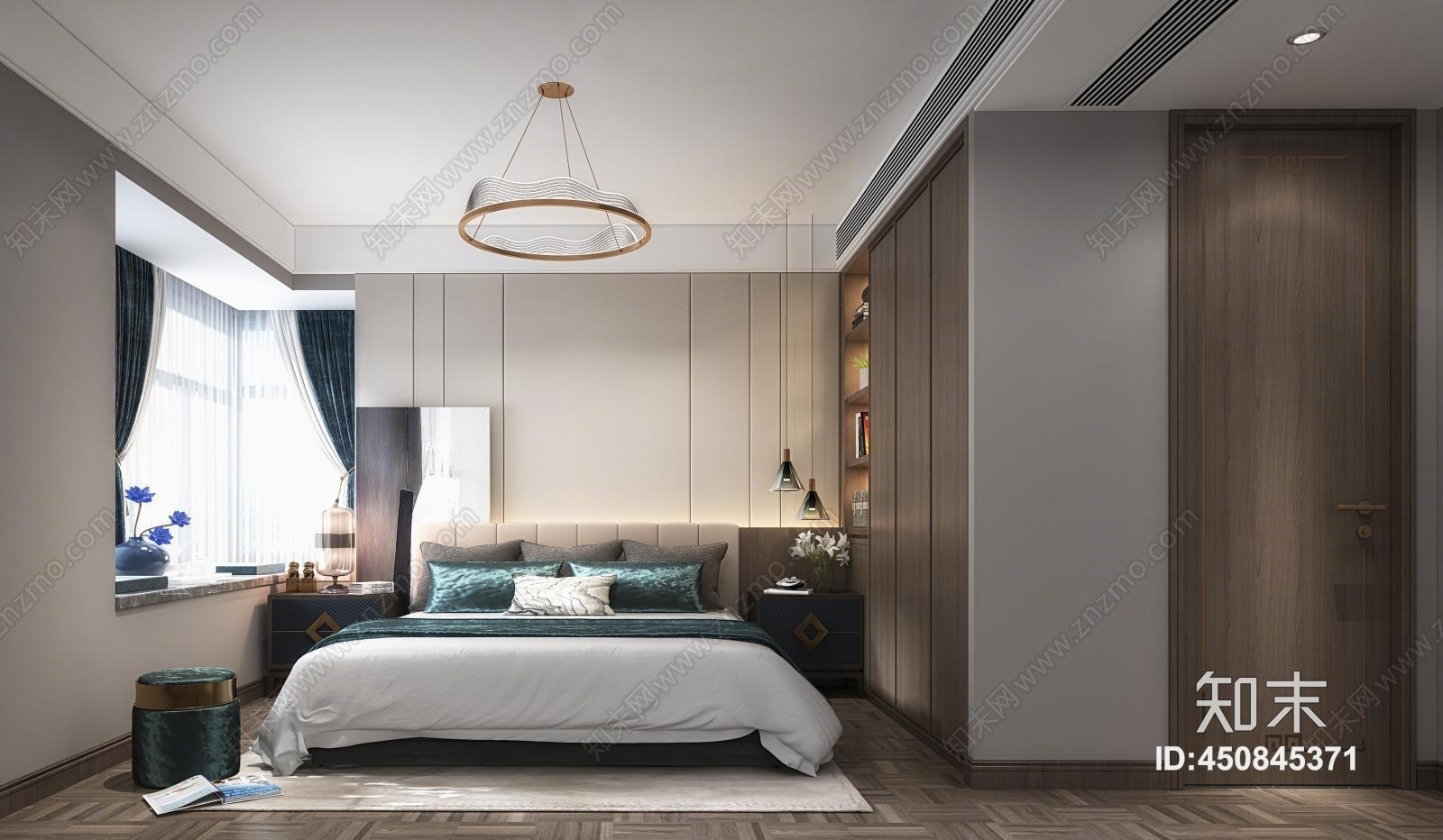 新中式卧室床吊灯窗帘3D模型下载【ID:450845371】