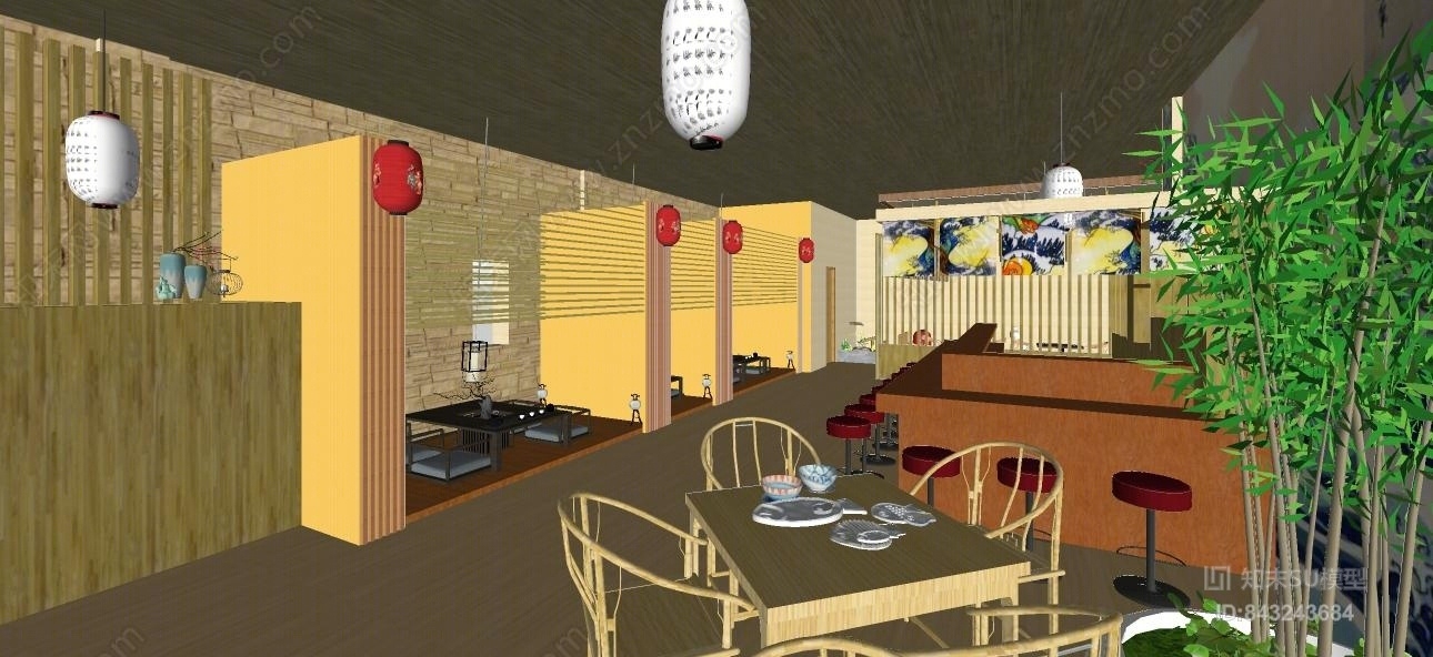 日本料理餐厅SU模型下载【ID:843243684】
