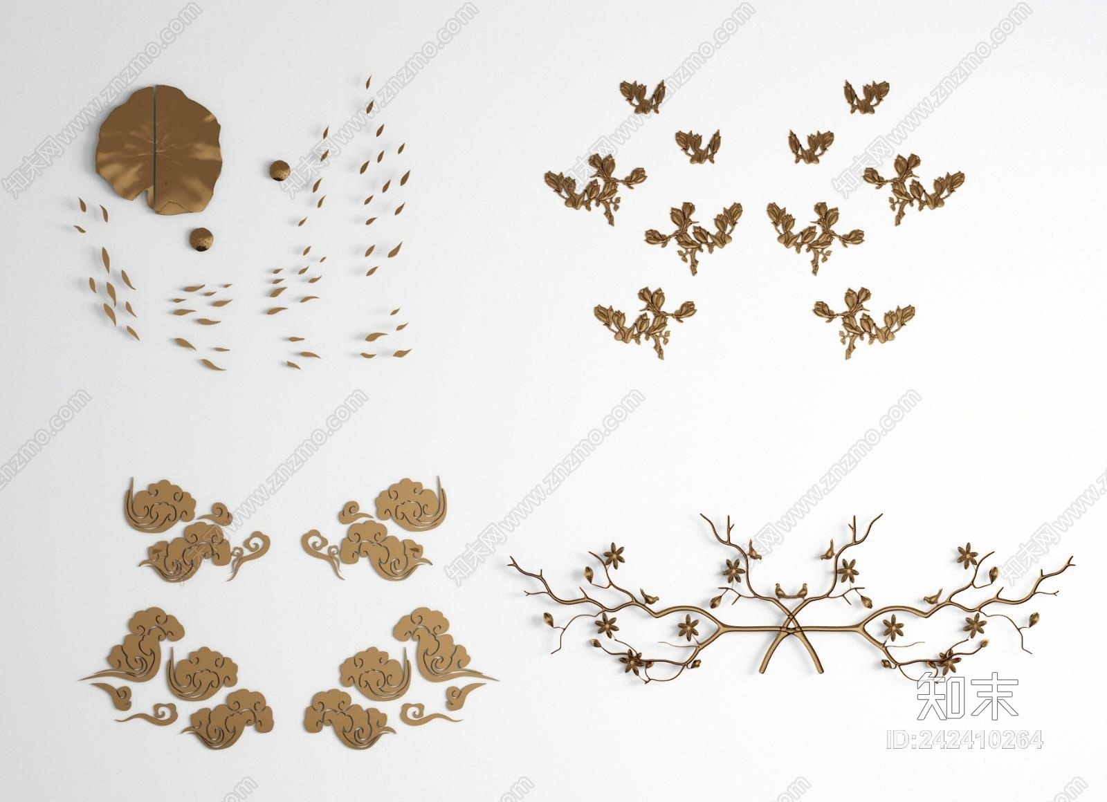 新中式荷花鱼群祥云树枝金属墙饰3D模型下载【ID:242410264】