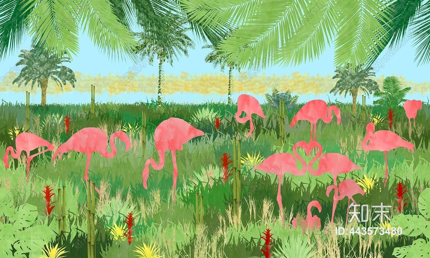 热带风情自然绿树火烈鸟壁纸贴图下载